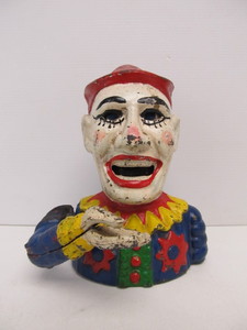 lot 35 image: Antique Style Cast Iron HUMPTY DUMPTY Jester Coin Bank