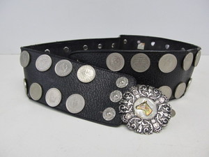 lot 39 image: Vintage Argentinian Leather Concho Coin Belt wInlaid Mother Of Pearl Horse Buckle