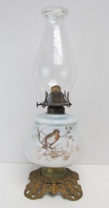 lot 29 image: Antique Glass Oil Lamp w Bird Decoration