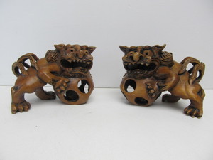 lot 31 image: Pair Old Vintage Hand Carved Chinese Wooden Foo Dog Sculptures