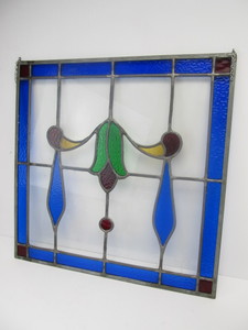 lot 109 image: Vintage Stained Glass Wall Hanging wCobalt Blue Border & Decoration