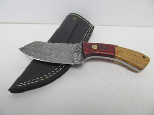 lot 61 image: Excellent Custom Made Damascus Steel Fixed Blade Knife wLeather Case