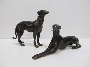 lot 91 image: 2 Patinated Bronze Whippet or Greyhound dog Sculptures
