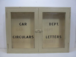 lot 96 image: Old Vintage Service StationOffice Hanging Cabinet - Car Circulars & Department Letters