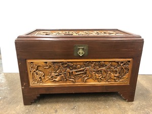 lot 7 image: Vintage Deep Relief Carved Oriental Wooden Chest