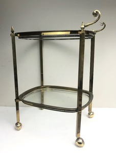 lot 141 image: Vintage 1960s Era Hollywood Regency Brass Glass Tea Service Cart wLucite Handle