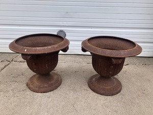 lot 142 image: Matching Pair of Signed ESCHBACH Heavy Cast Iron YardGarden Urns