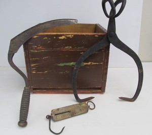 lot 174 image: Group of Antique Items - Cast Iron Ice Tongs Brass Scale etc