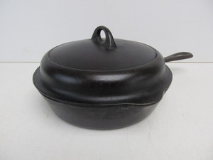 lot 196 image: Antique Cast Iron Skillet & 2 Lids incl. Griswold