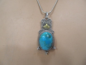 lot 230 image: Ornate Sterling Silver Pendant Necklace wTurquoise Cabochon 