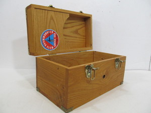 lot 268 image: Solid Wood Storage Box wLeather Handle & Pheasant Design 