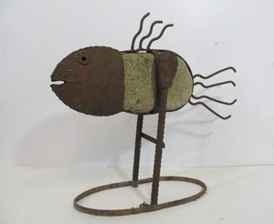 lot 291 image: Whimsical Folk Art Steel & Large Stone Swinging Fish YardGarden Sculpture