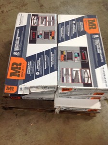 lot 31 image: Pallet whit 8 Muscle Rack 72 in. H x 36 in. W x 18 in. D 5 Shelf Steel Boltless Rivet Particle Board Shelving Unit in Gray