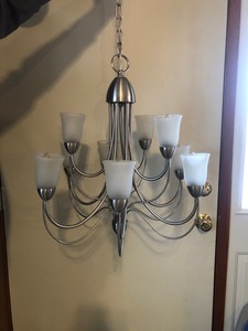 lot 3 image: 9 ARM CHROME GLASS CHANDELIER - EXCELLENT WORKING CONDITION