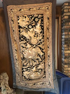 lot 78 image: INCREDIBLE 64 LARGE THAI KALANGA JEWEL CRYSTAL BEADED HANDMADE SEQUIN EMBROIDERED TEXTURED MONKEY ELEPHANT KING STORY TELLING TAPESTRY WALL ART - VERY RARE TO HAVE THIS MANY JEWELS (RARE LARGE SIZE TOO) ON IT PHENOMENAL 