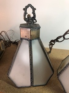 lot 221 image: 2 VINTAGE BRASS GLASS HANGING LIGHTS