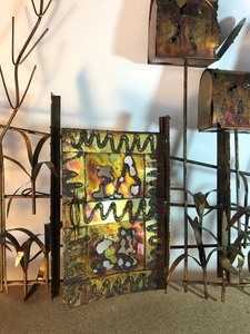 lot 300 image: WOW 35 MID CENTURY MODERN BRUTALIST POSSIBLY CURTIS JERE ERA COUNTRY ROAD MAILBOX CORN FIELD FENCE COPPER BRASS METAL WALL ART SCULPTURE 