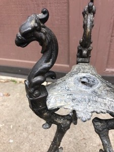 lot 304 image: FANTASTIC ANTIQUE CAST IRON GRIFFIN STAND - PERHAPS TO HOLD LARGE GLASS BALL 