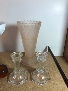 lot 312 image: MISCELLANEOUS LOT OF CRYSTALGLASS CANDLEHOLDERS AND VASES INCLUDING KOSTA BODA SNOWBALLS MIKASA ART DECO CRYSTAL TAPER CANDLEHOLDERS AND MORE WELL KNOW GLASS PIECES
