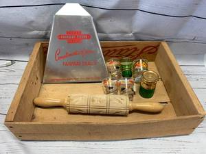 lot 79 image: Vintage Shot Glasses, Dust Pan, Rolling Pin & Crate