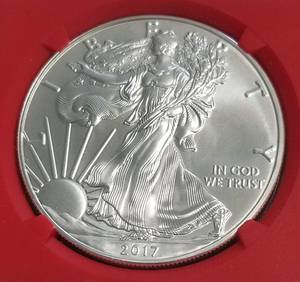 lot 20 image: 2017 AMERICAN SILVER EAGLE MS70 NGC RED FIRST DAY ISSUE