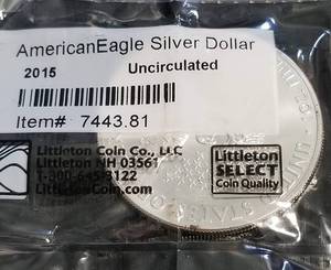 lot 26 image: 2015 AMERICAN SILVER EAGLE 1 TROY OZ. .999 FINE SILVER DOLLAR