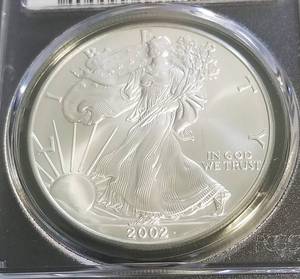 lot 38 image: 2002 AMERICAN SILVER EAGLE 1 TROY OZ. .999 FINE SILVER MS69 PCGS