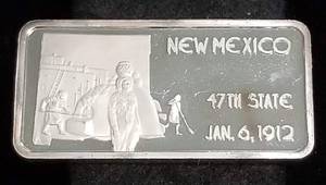 lot 57 image: 1 TROY OZ. .999 FINE SILVER ART BAR 50 STATES NEW MEXICO AMAZING TONING