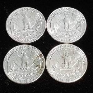 lot 62 image: GROUP OF 4 BU SILVER WASHINGTON QUARTERS AS PICTURED
