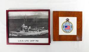 lot 129 image: Vintage U.S.S. UTE Framed Print and Plaque Set