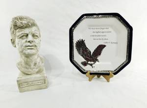 lot 130 image: Vintage Orlandi Statuary John F. Kennedy Bust and Great American Heritage John F. Kennedy Collector Plate