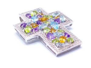Stunning Multi-Gemstone Cross Pendant in Sterling Silver Amethyst, Citrine, Peridot, Topaz