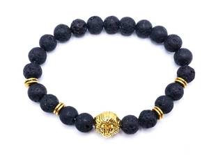 Natural Lava Bead with Gold Tone Lion Motif Stretch Bracelet