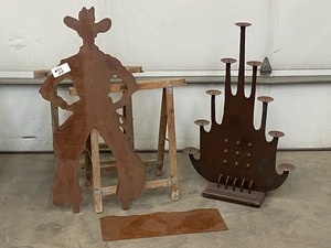 lot 33 image: Lot Of Steel-Plate Cowboy, Candle Holder, & Etc