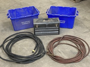 lot 31 image: Lot Of Hoses, Storage Totes, Toolbox