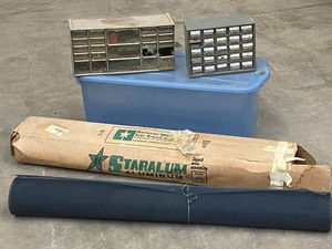 lot 34 image: Storage Tote With Hardware Organizers & Roll Of Screening