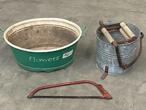 lot 40 image: Lot Of Collectible Pots  Buckets, Saw, Etc