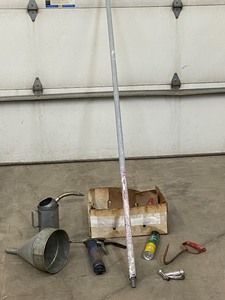lot 41 image: Grease Gun, Funnels. Nails, Etc