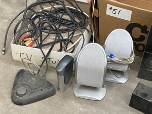 lot 51 image: Box Of Assorted Computer Speakers & Samsung Home Theatre Speaker Set, Etc