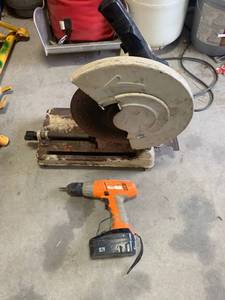 lot 74 image: Chop Saw & 19.2 Volt Cordless Drill