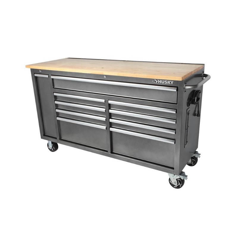 61 in. W 10-Drawer, Deep Tool Chest Mobile Workbench in Metallic Silver with Sliding Vertical Bin Storage Drawer 61 in. W 10-Drawer, Deep Tool Chest Mobile Workbench in Metallic Silver with Sliding Vertical Bin Storage Drawer