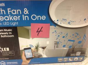 lot 4 image: Home Netwerks Decorative White 100 CFM Bluetooth Stereo Speakers Bathroom Exhaust Fan with LED Light in good condition