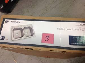 lot 8 image: Glacier Bay Drop-In Stainless Steel 33 in. 4-Hole Double Bowl Kitchen Sink not used