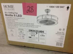 lot 28 image: Brette II 23 in. LED IndoorOutdoor Brushed Nickel Ceiling Fan with Light in good condition