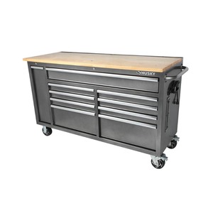lot 98 image: Husky 61 in. W 10-Drawer, Deep Tool Chest Mobile Workbench in Metallic Silver with Sliding Vertical Bin Storage Drawer