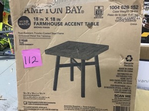 lot 112 image: Hampton Bay Mix and Match Farmhouse Metal Outdoor Accent Table not used