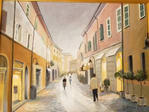 lot 92 image: Original Oil Painting on Canvas  European Street Scene