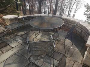 lot 33 image: Round Wrought Iron Patio Table Set with 4 Chairs
