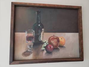 lot 102 image: Original Oil -  Study of Wine and Fruit Still Life