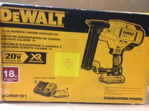 lot 76 image: DEWALT 20-Volt MAX XR Lithium-Ion Cordless 18-Gauge Narrow Crown Stapler Kit with Battery 2Ah, Charger in good condition